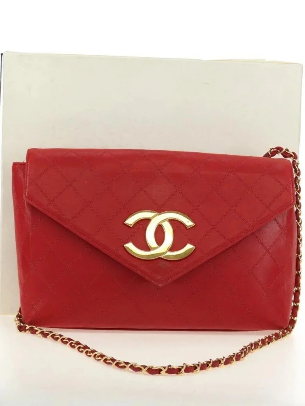 CHANEL Bicolore Chain Shoulder Bag Lamb Skin Red Gold CC Auth BA13416V